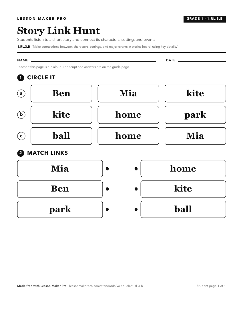 Preview of the 1.RL.3.B printable worksheet