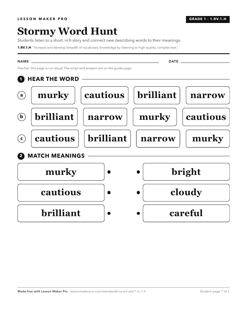 Preview of the 1.RV.1.H printable worksheet