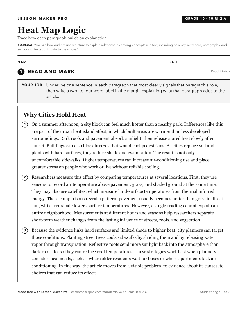 Preview of the 10.RI.2.A printable worksheet