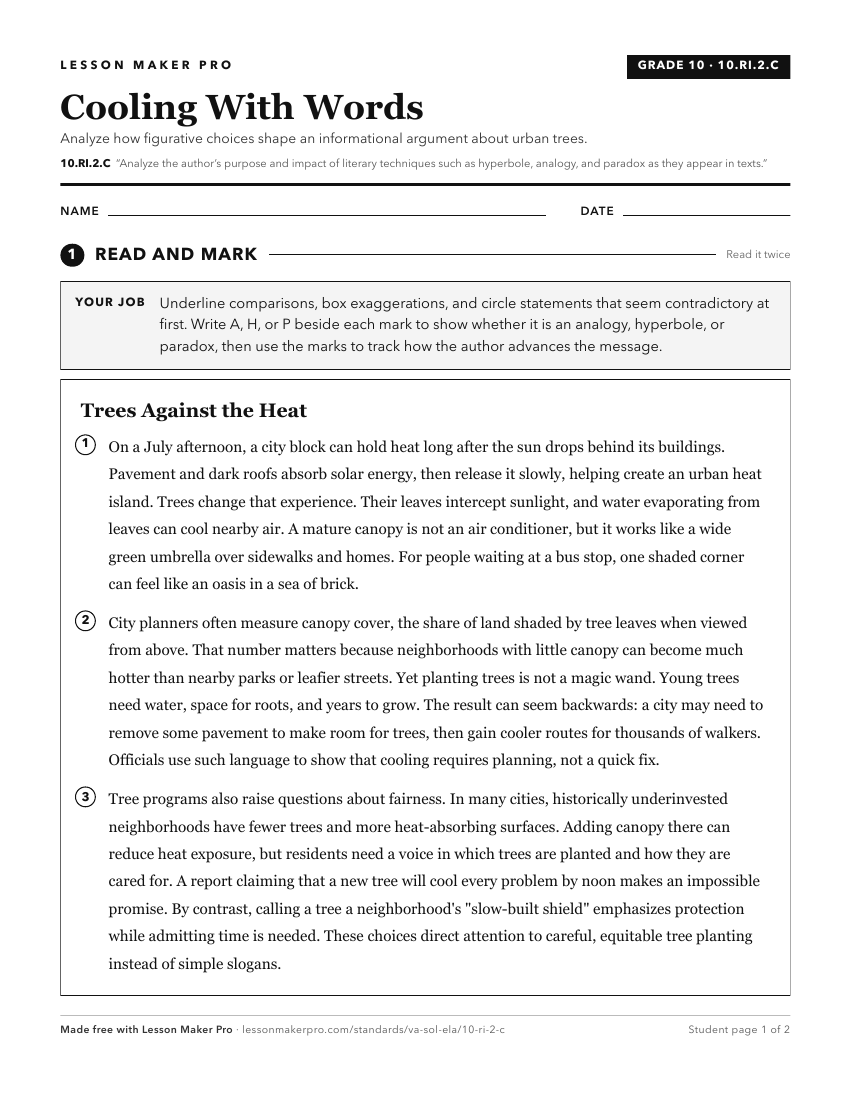 Preview of the 10.RI.2.C printable worksheet