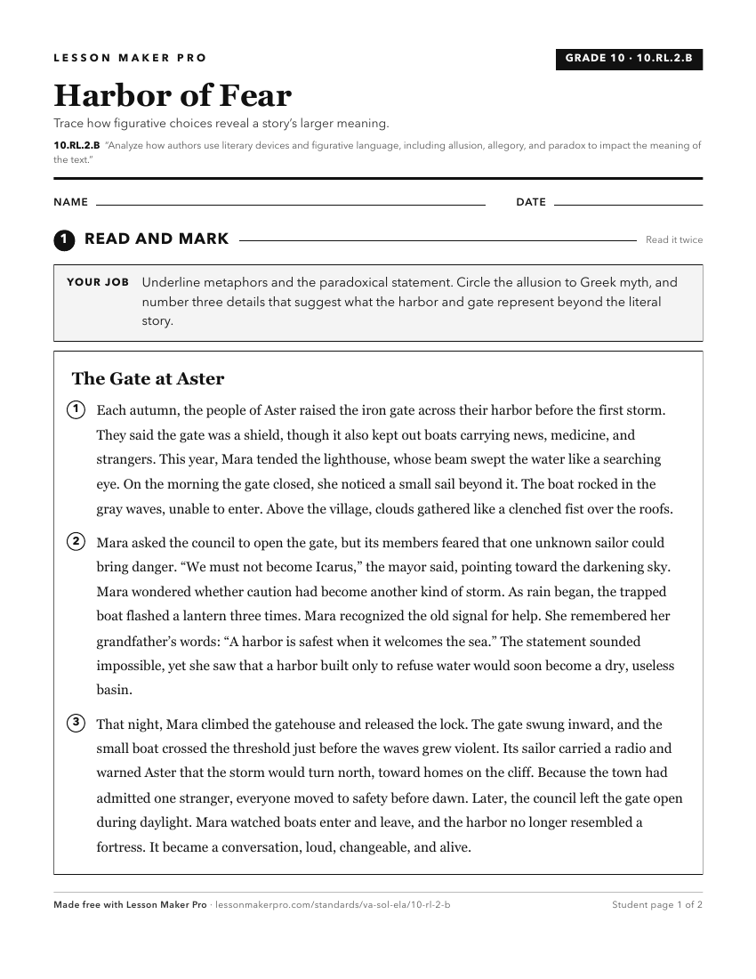 Preview of the 10.RL.2.B printable worksheet