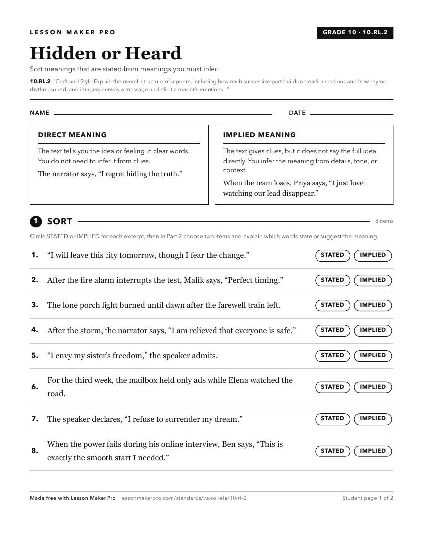 Preview of the 10.RL.2 printable worksheet