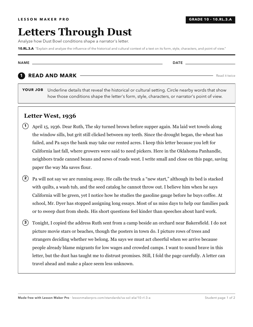 Preview of the 10.RL.3.A printable worksheet