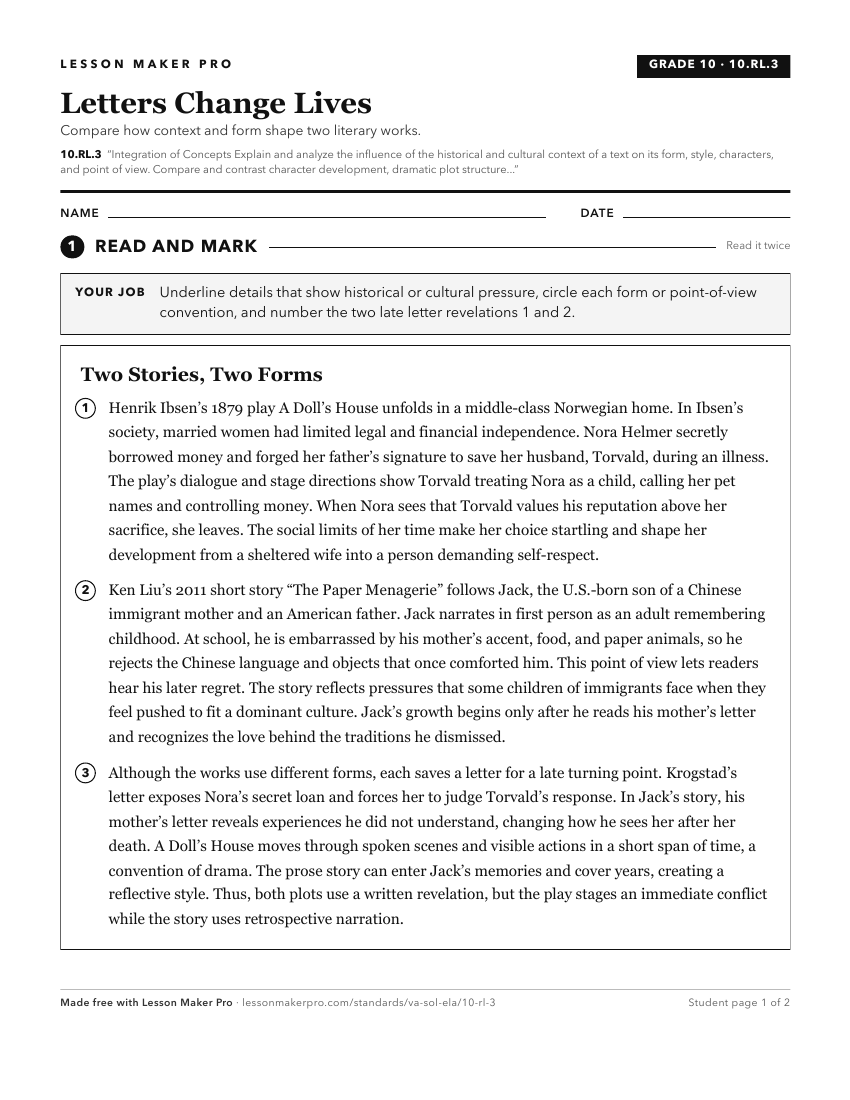 Preview of the 10.RL.3 printable worksheet