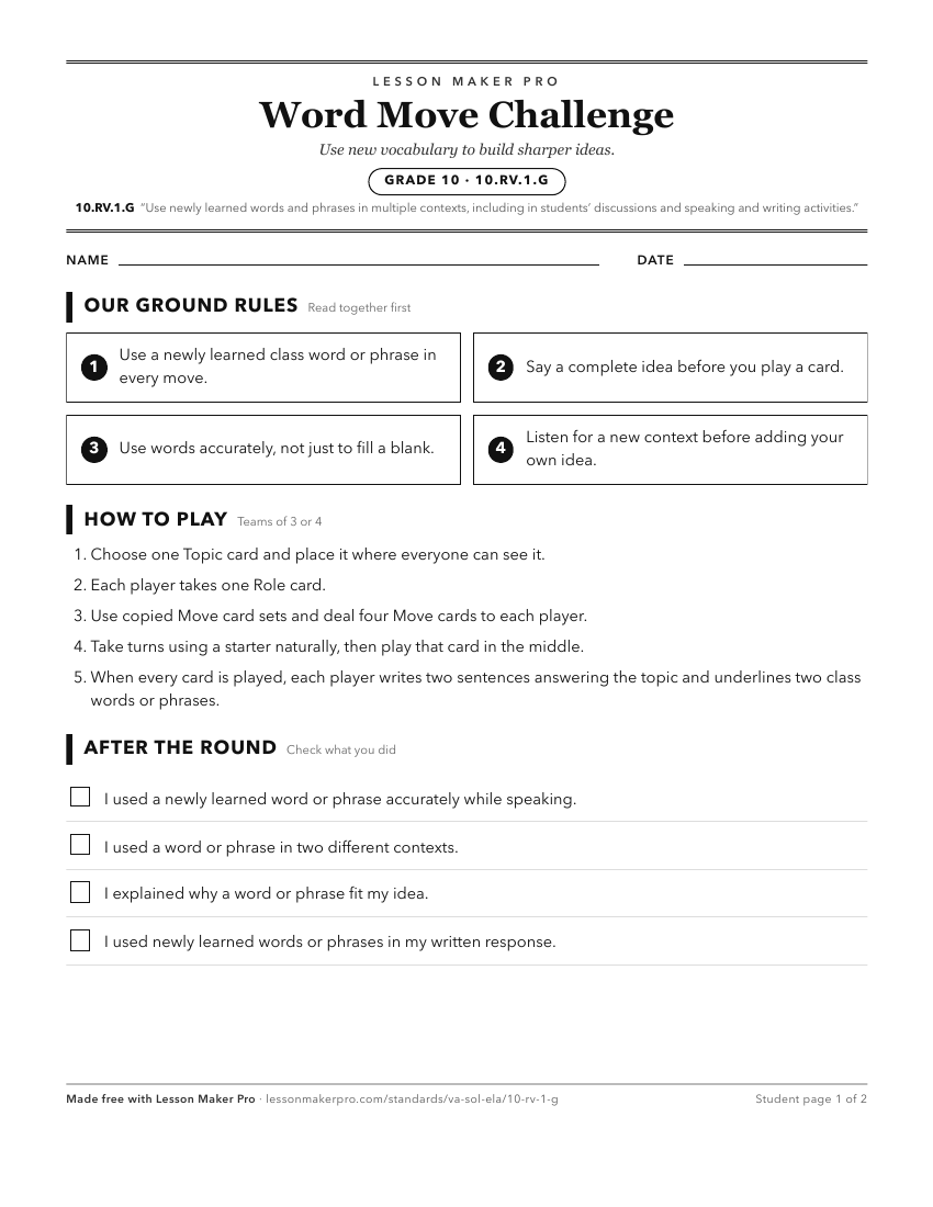 Preview of the 10.RV.1.G printable worksheet