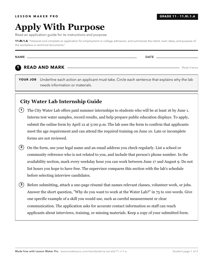 Preview of the 11.RI.1.A printable worksheet