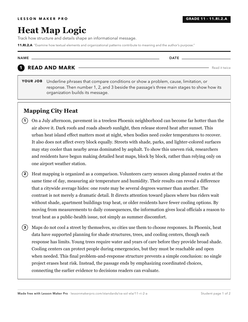 Preview of the 11.RI.2.A printable worksheet
