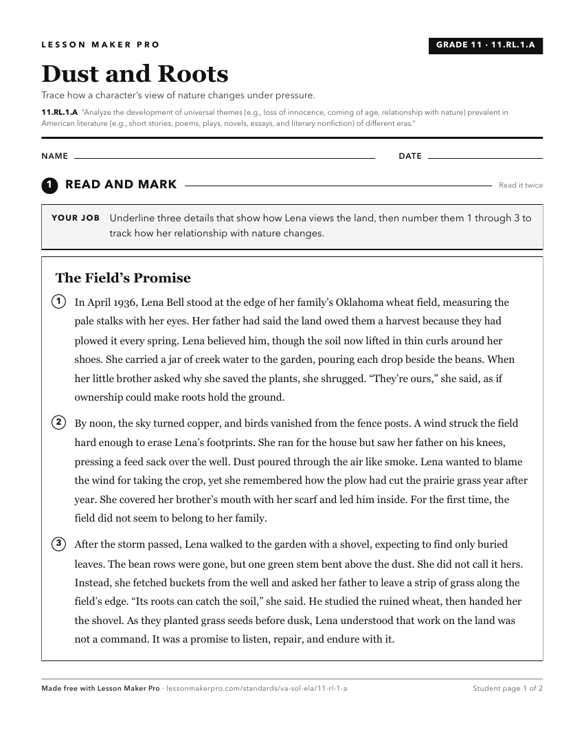 Preview of the 11.RL.1.A printable worksheet