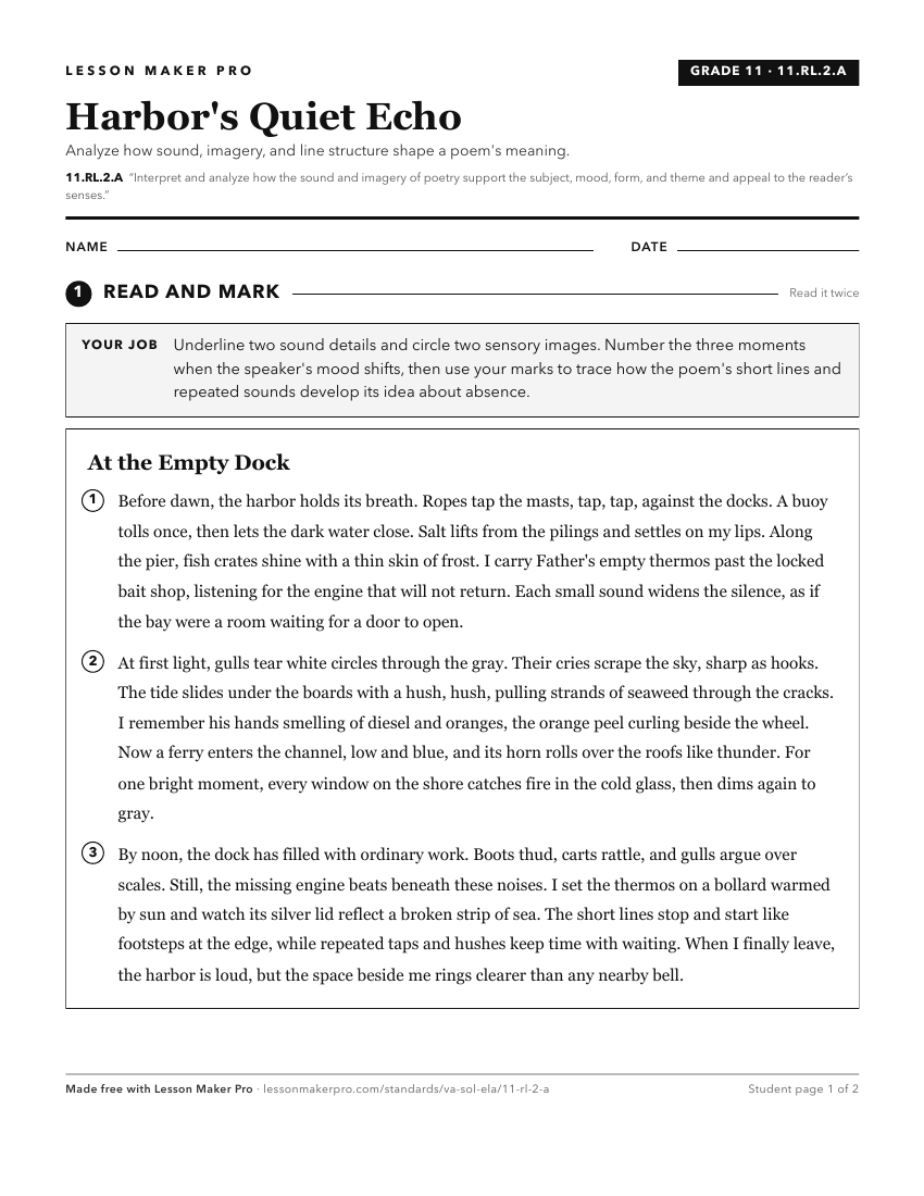 Preview of the 11.RL.2.A printable worksheet