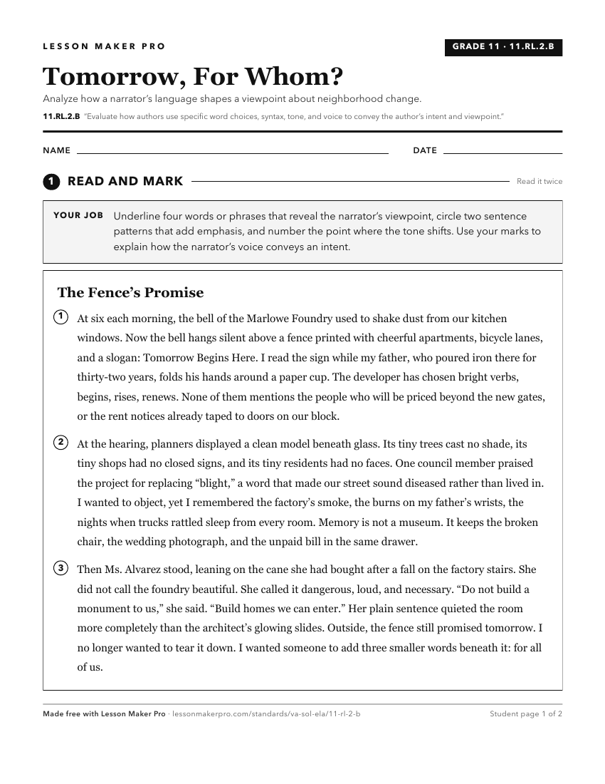 Preview of the 11.RL.2.B printable worksheet