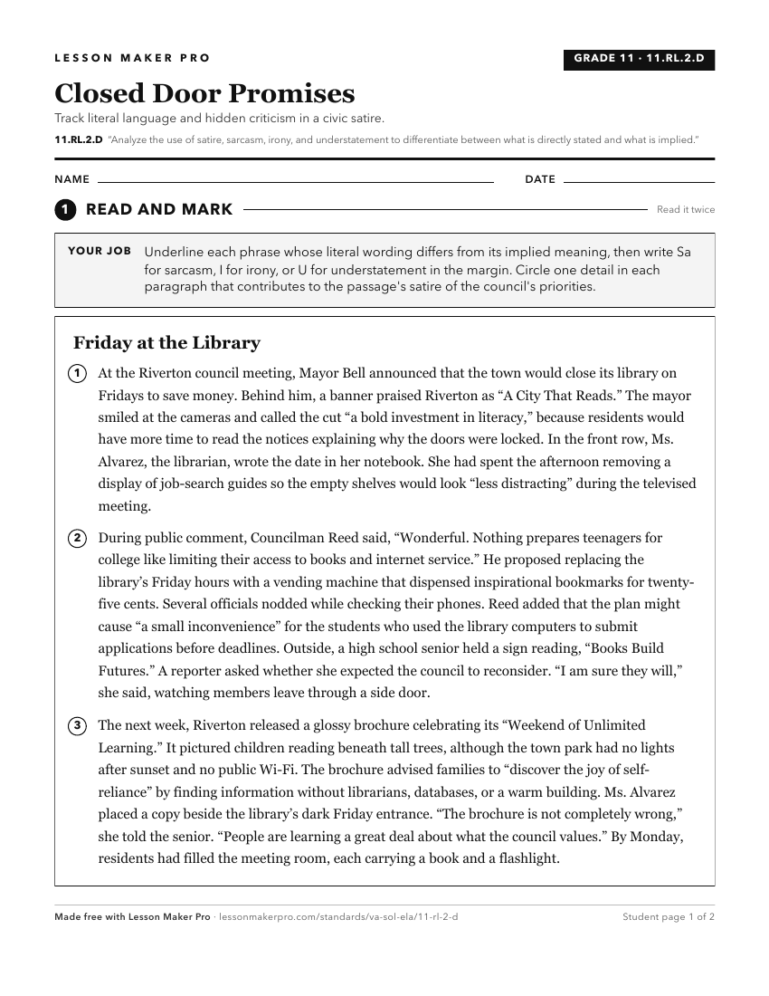 Preview of the 11.RL.2.D printable worksheet
