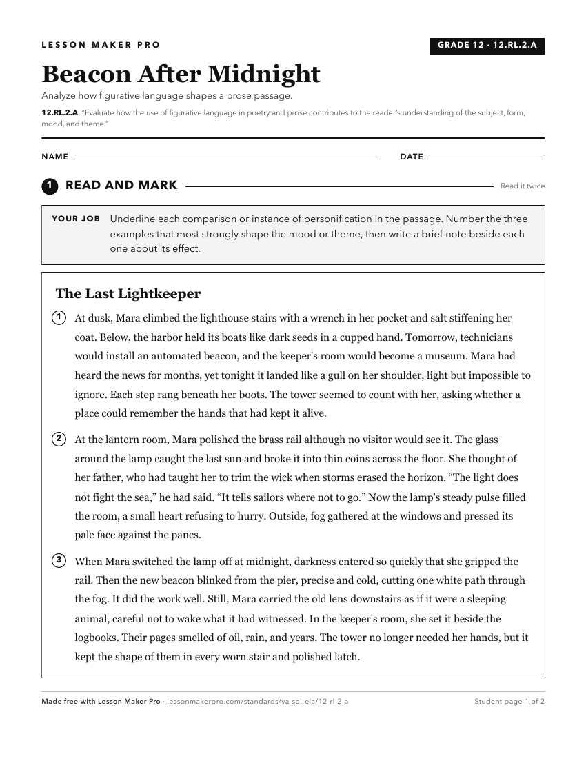 Preview of the 12.RL.2.A printable worksheet