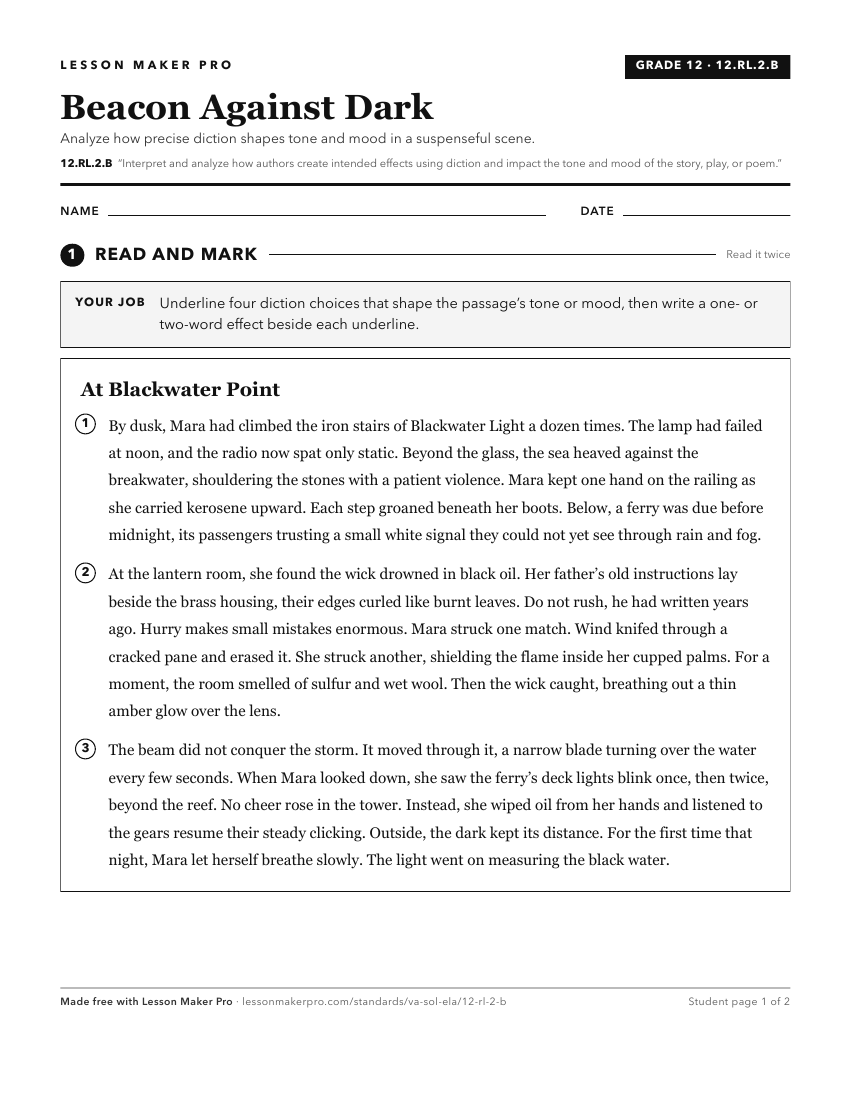 Preview of the 12.RL.2.B printable worksheet