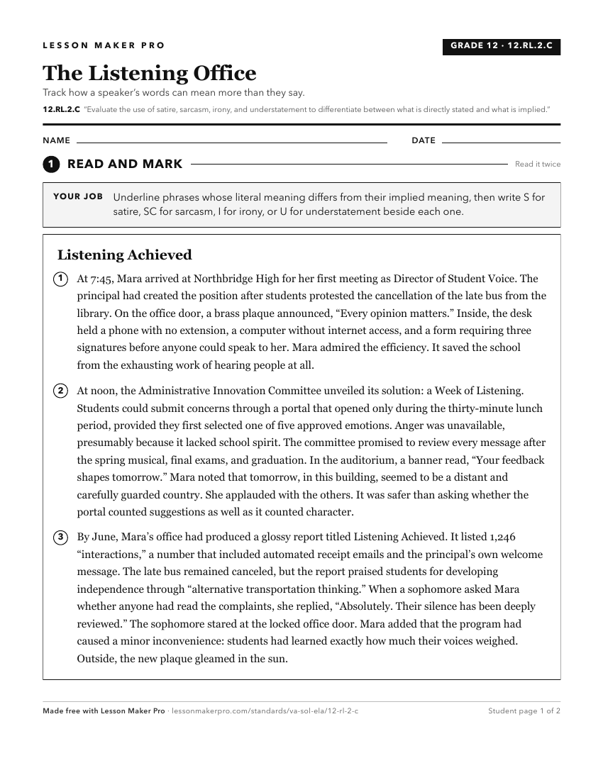 Preview of the 12.RL.2.C printable worksheet