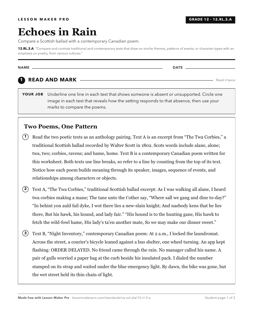 Preview of the 12.RL.3.A printable worksheet