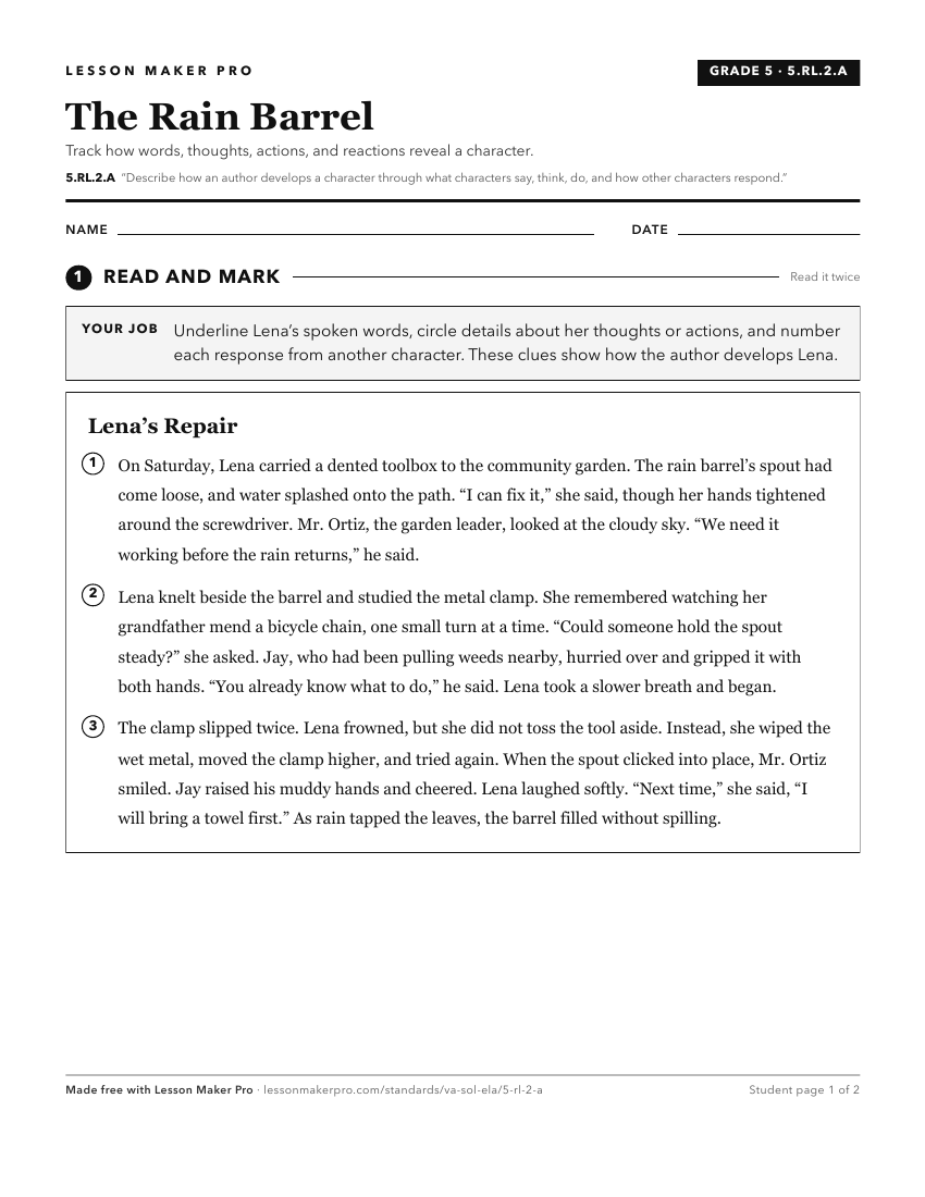 Preview of the 5.RL.2.A printable worksheet