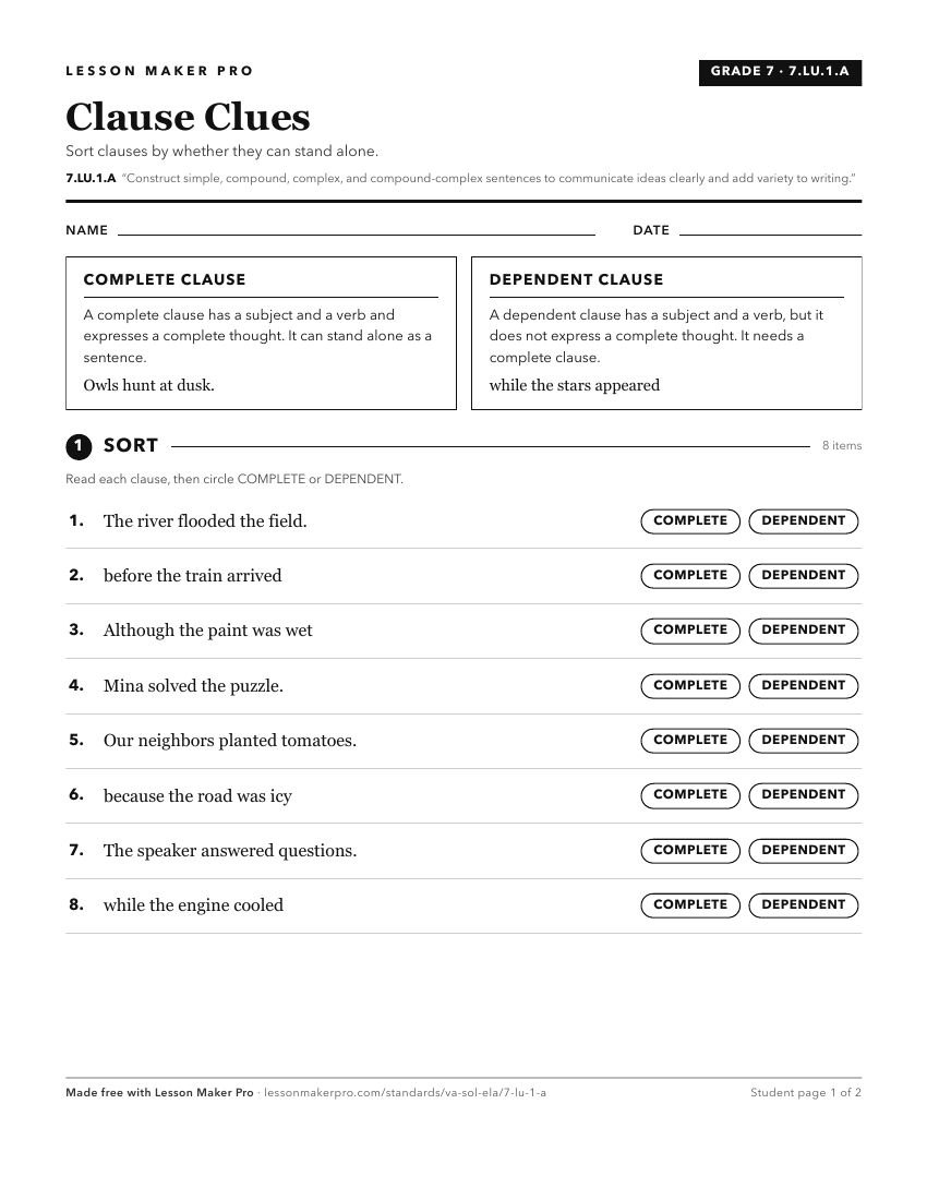 Preview of the 7.LU.1.A printable worksheet