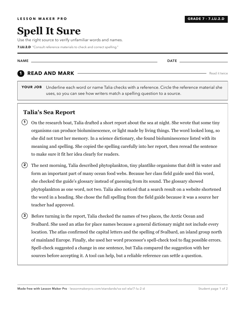 Preview of the 7.LU.2.D printable worksheet