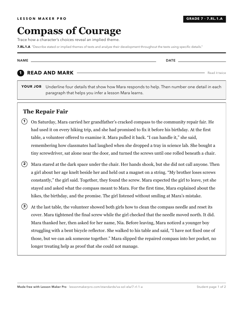 Preview of the 7.RL.1.A printable worksheet