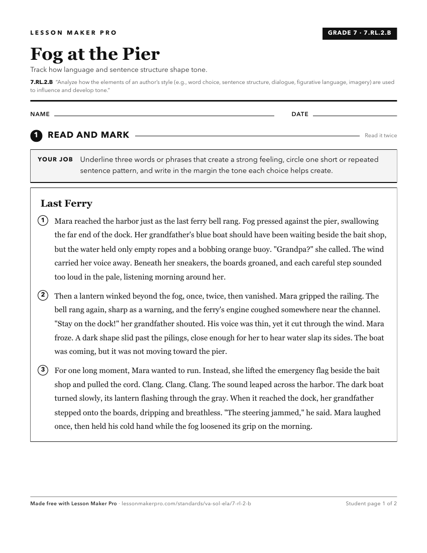 Preview of the 7.RL.2.B printable worksheet