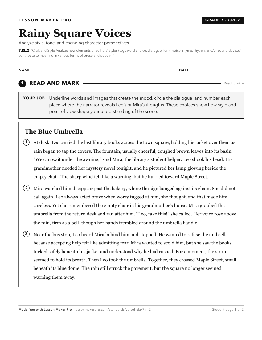 Preview of the 7.RL.2 printable worksheet