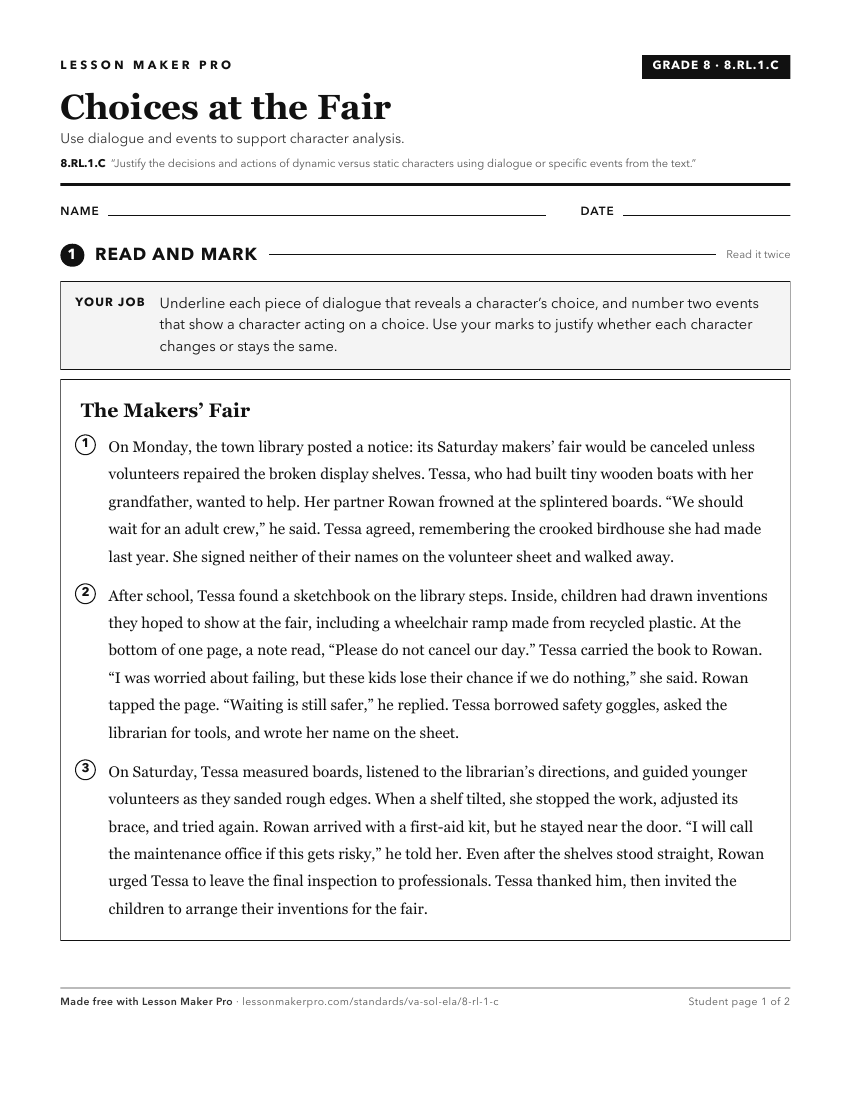 Preview of the 8.RL.1.C printable worksheet