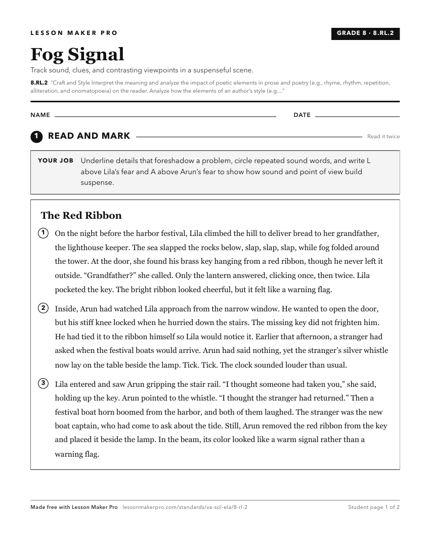 Preview of the 8.RL.2 printable worksheet