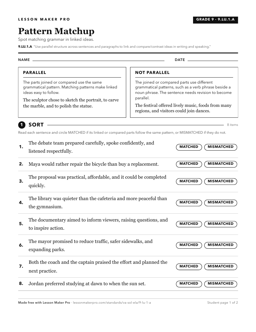 Preview of the 9.LU.1.A printable worksheet