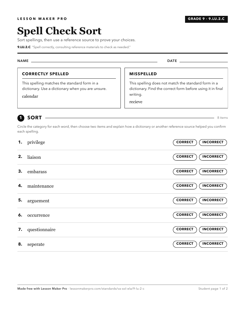 Preview of the 9.LU.2.C printable worksheet