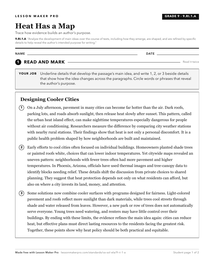 Preview of the 9.RI.1.A printable worksheet