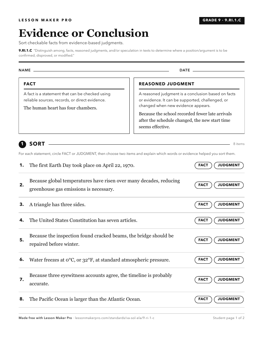 Preview of the 9.RI.1.C printable worksheet
