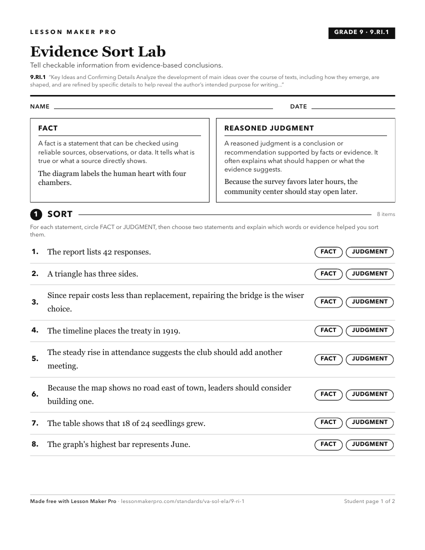 Preview of the 9.RI.1 printable worksheet