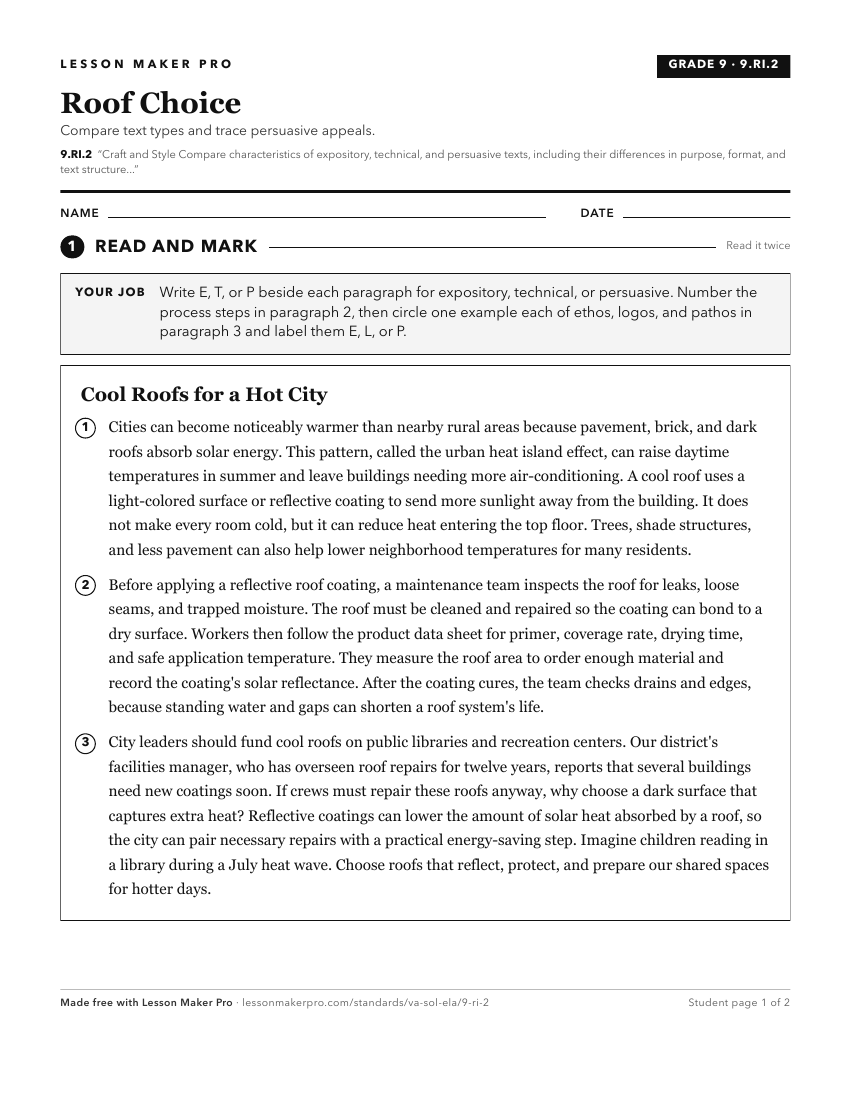 Preview of the 9.RI.2 printable worksheet