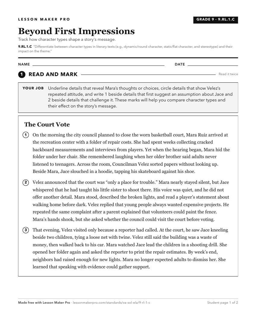 Preview of the 9.RL.1.C printable worksheet