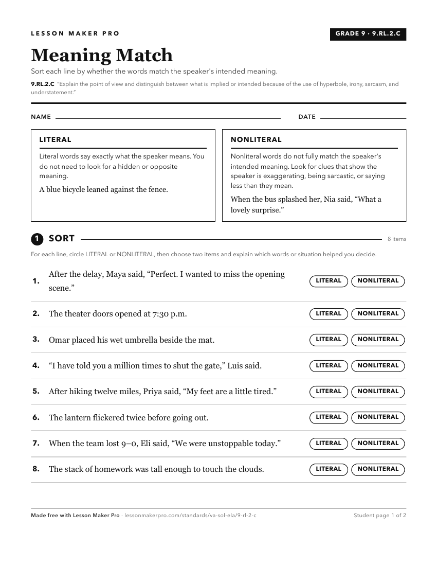 Preview of the 9.RL.2.C printable worksheet