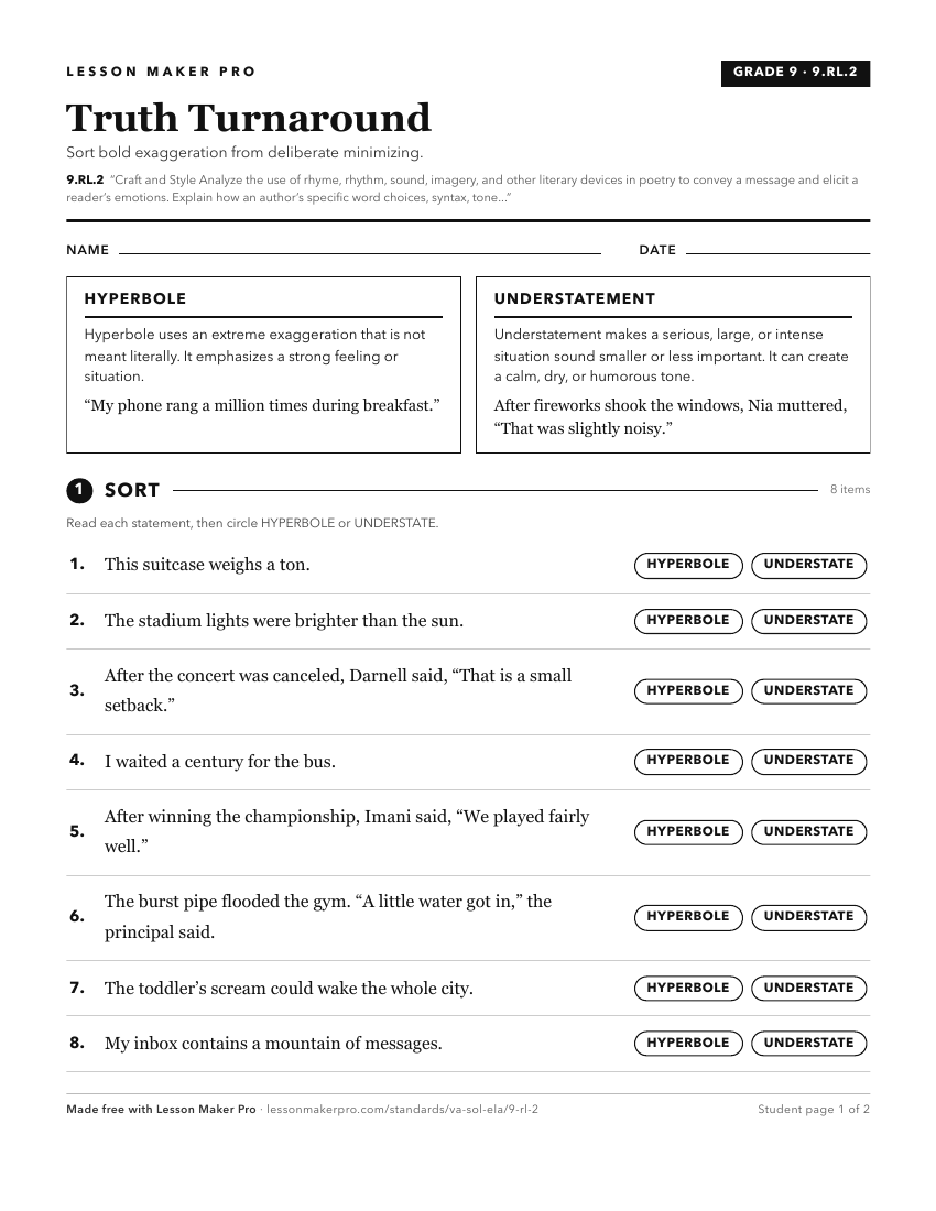 Preview of the 9.RL.2 printable worksheet