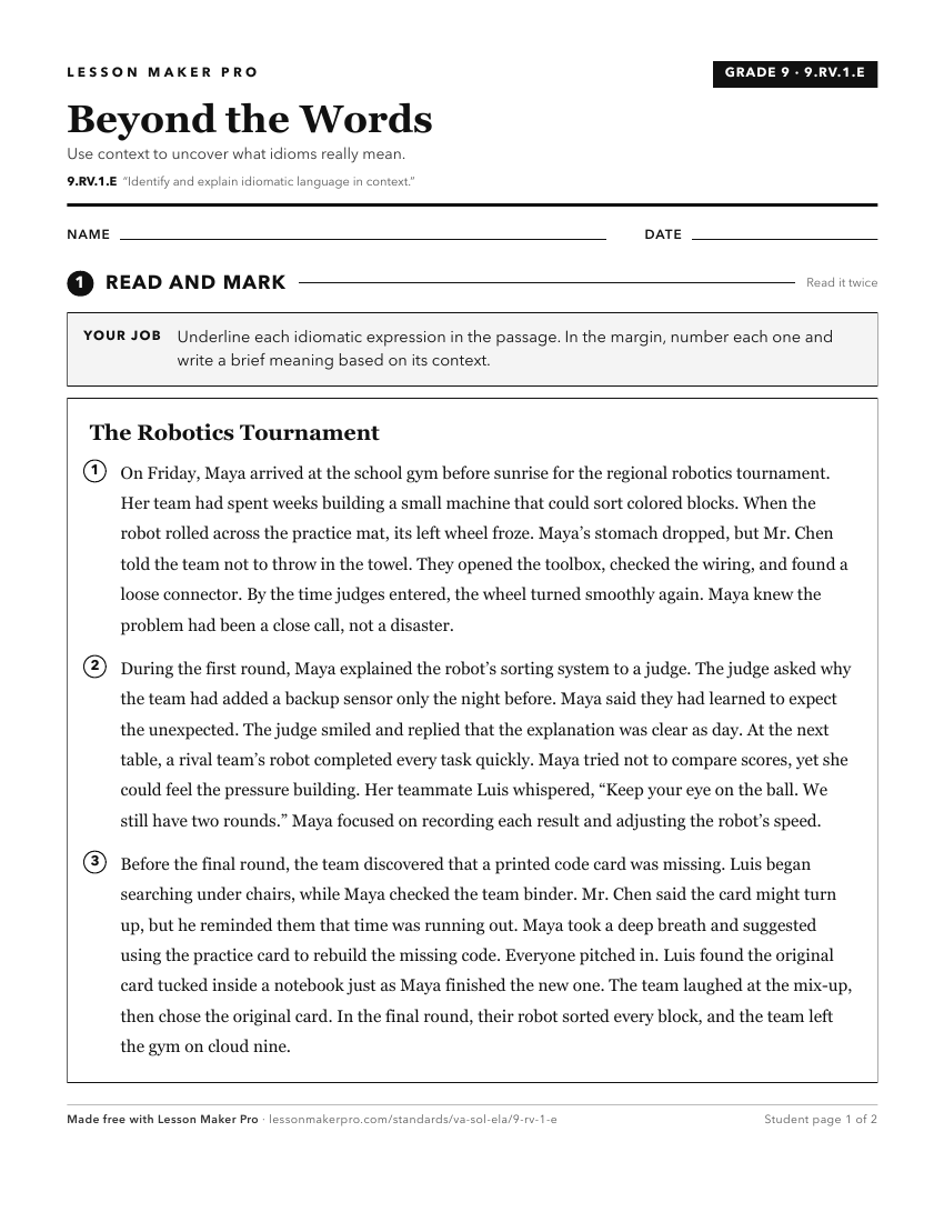 Preview of the 9.RV.1.E printable worksheet