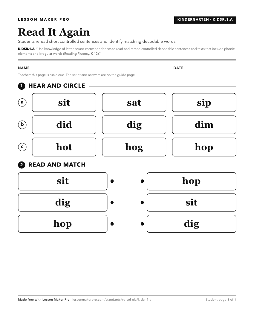 Preview of the K.DSR.1.A printable worksheet