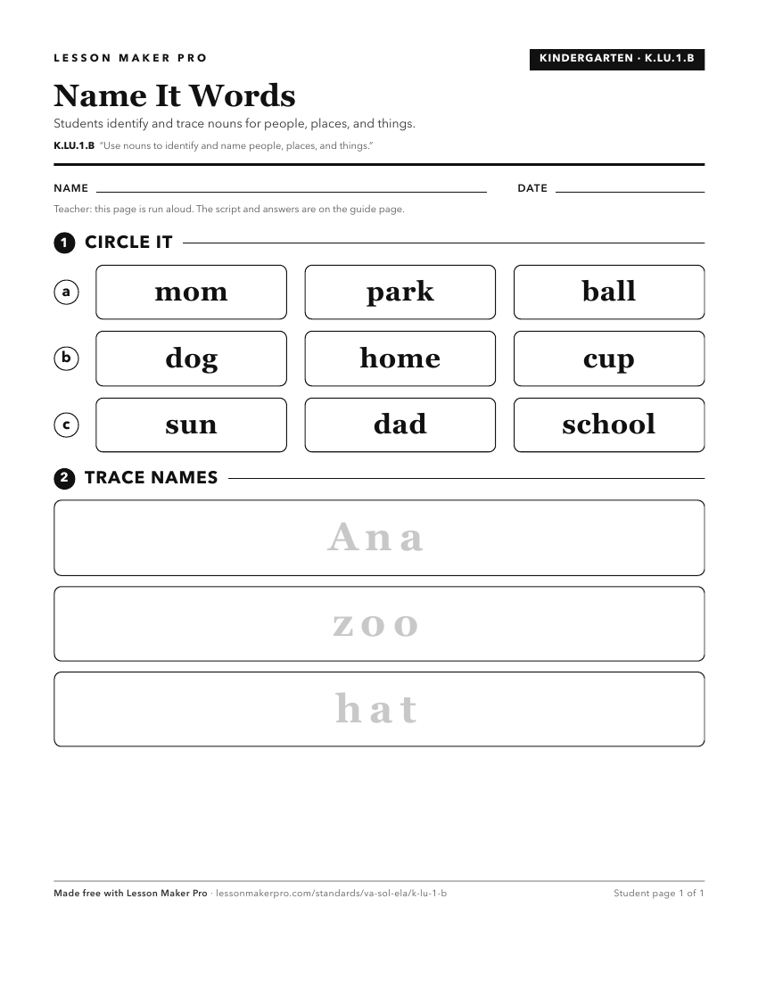 Preview of the K.LU.1.B printable worksheet