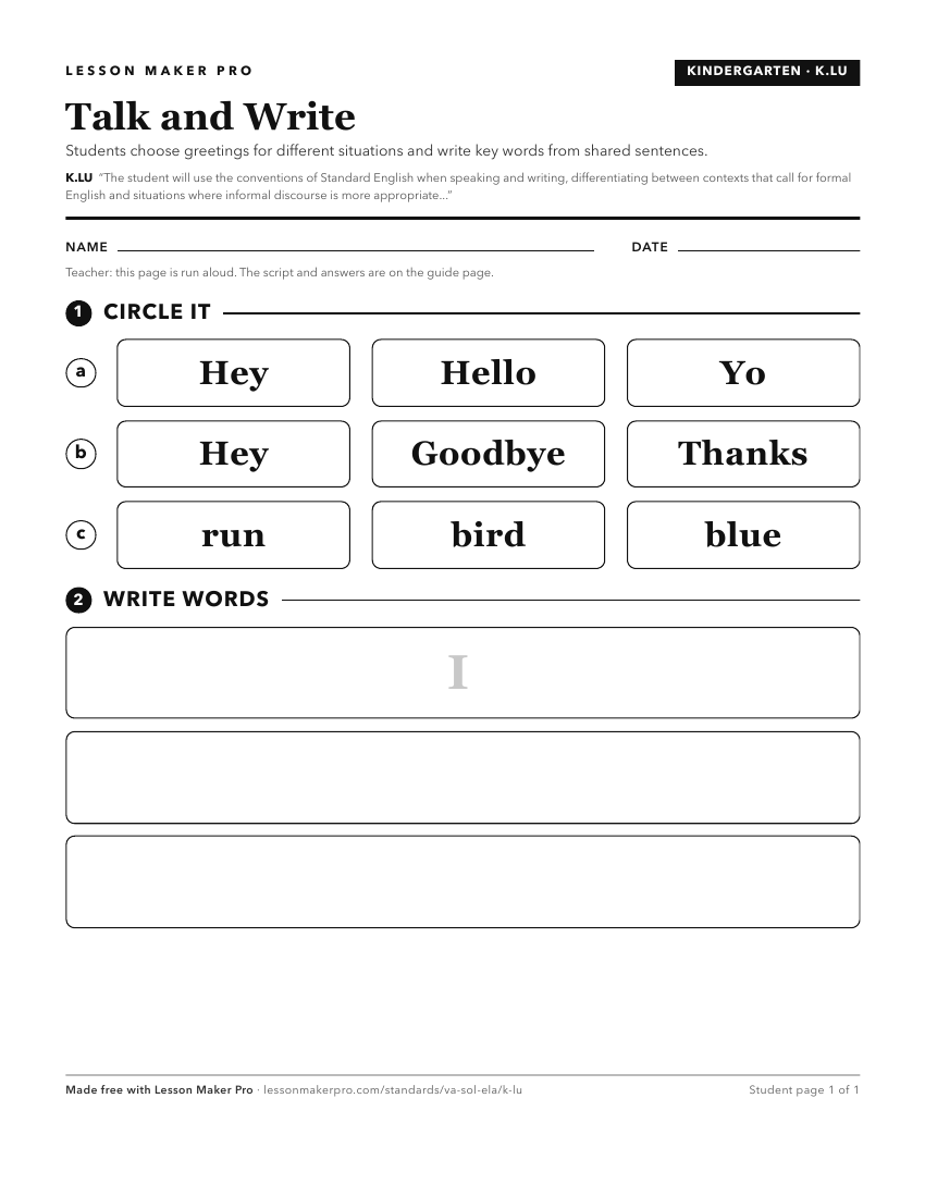 Preview of the K.LU printable worksheet