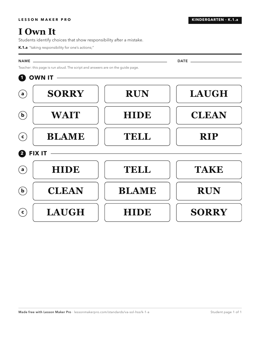 Preview of the K.1.a printable worksheet