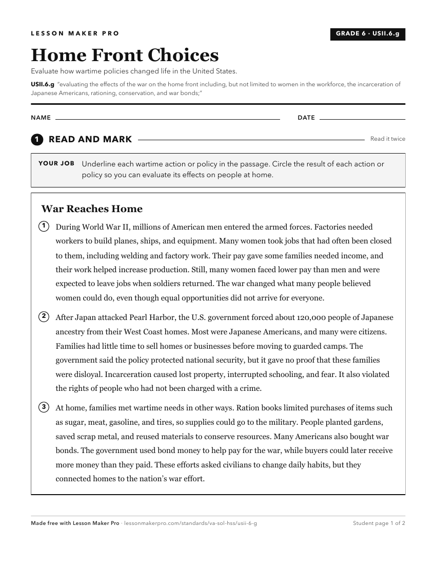 Preview of the USII.6.g printable worksheet
