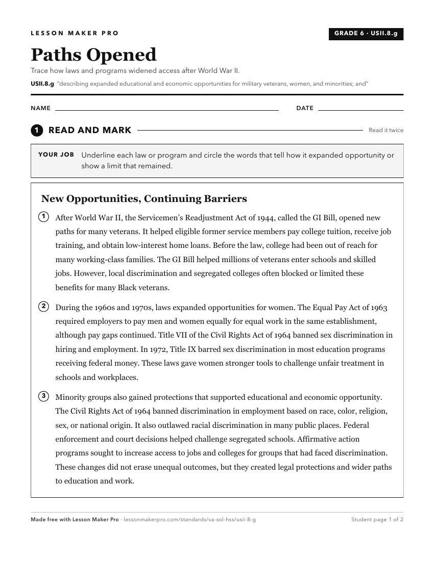 Preview of the USII.8.g printable worksheet