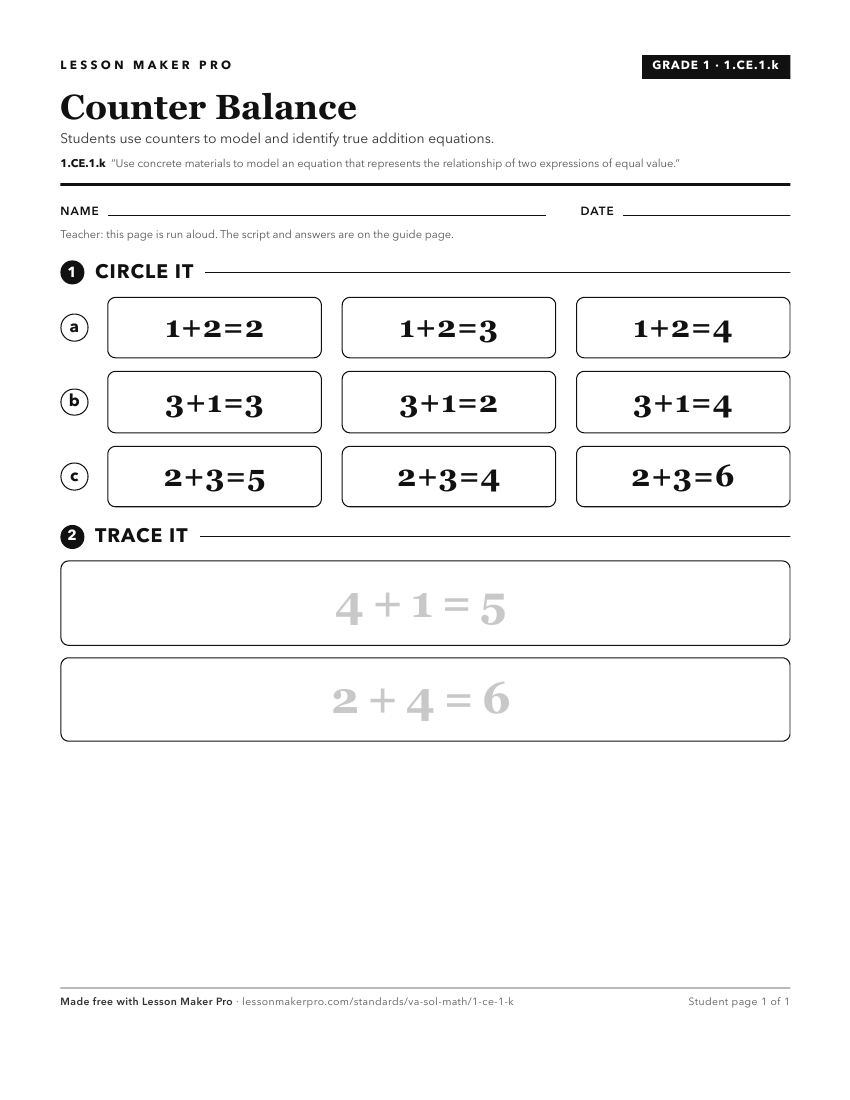 Preview of the 1.CE.1.k printable worksheet