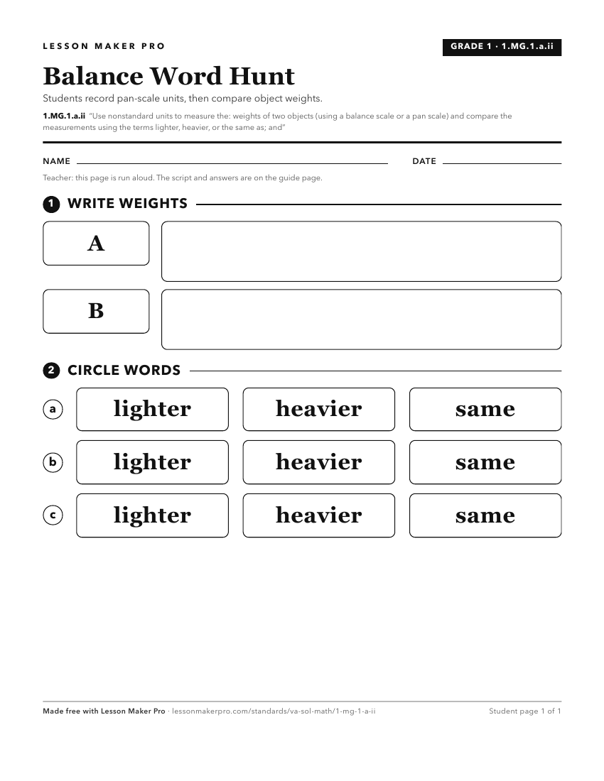 Preview of the 1.MG.1.a.ii printable worksheet