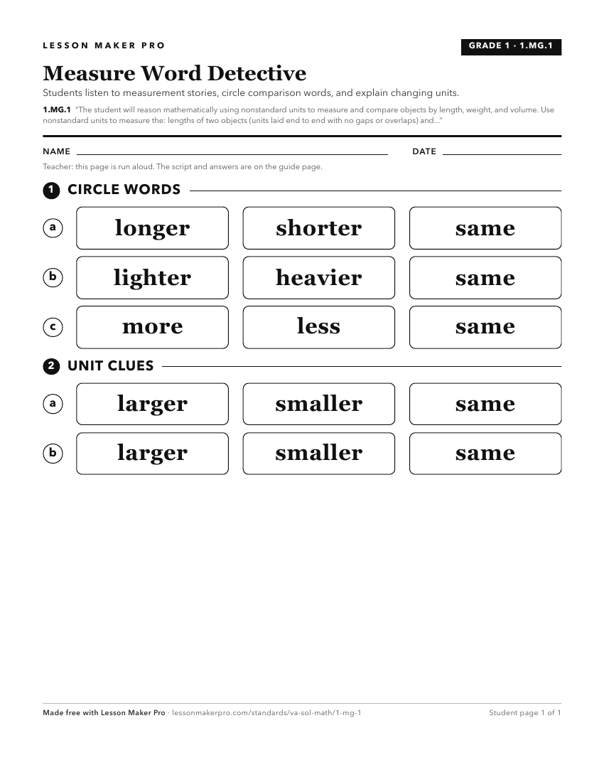 Preview of the 1.MG.1 printable worksheet