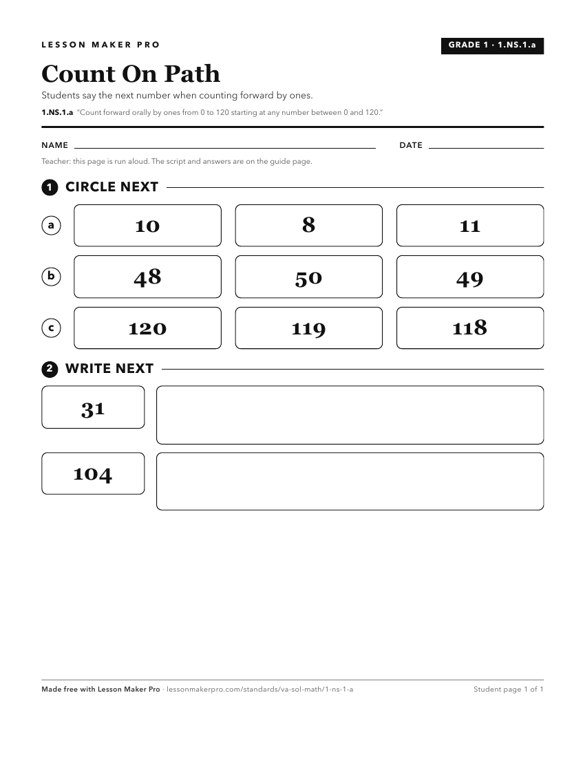 Preview of the 1.NS.1.a printable worksheet