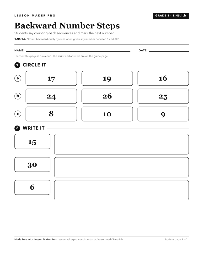 Preview of the 1.NS.1.b printable worksheet
