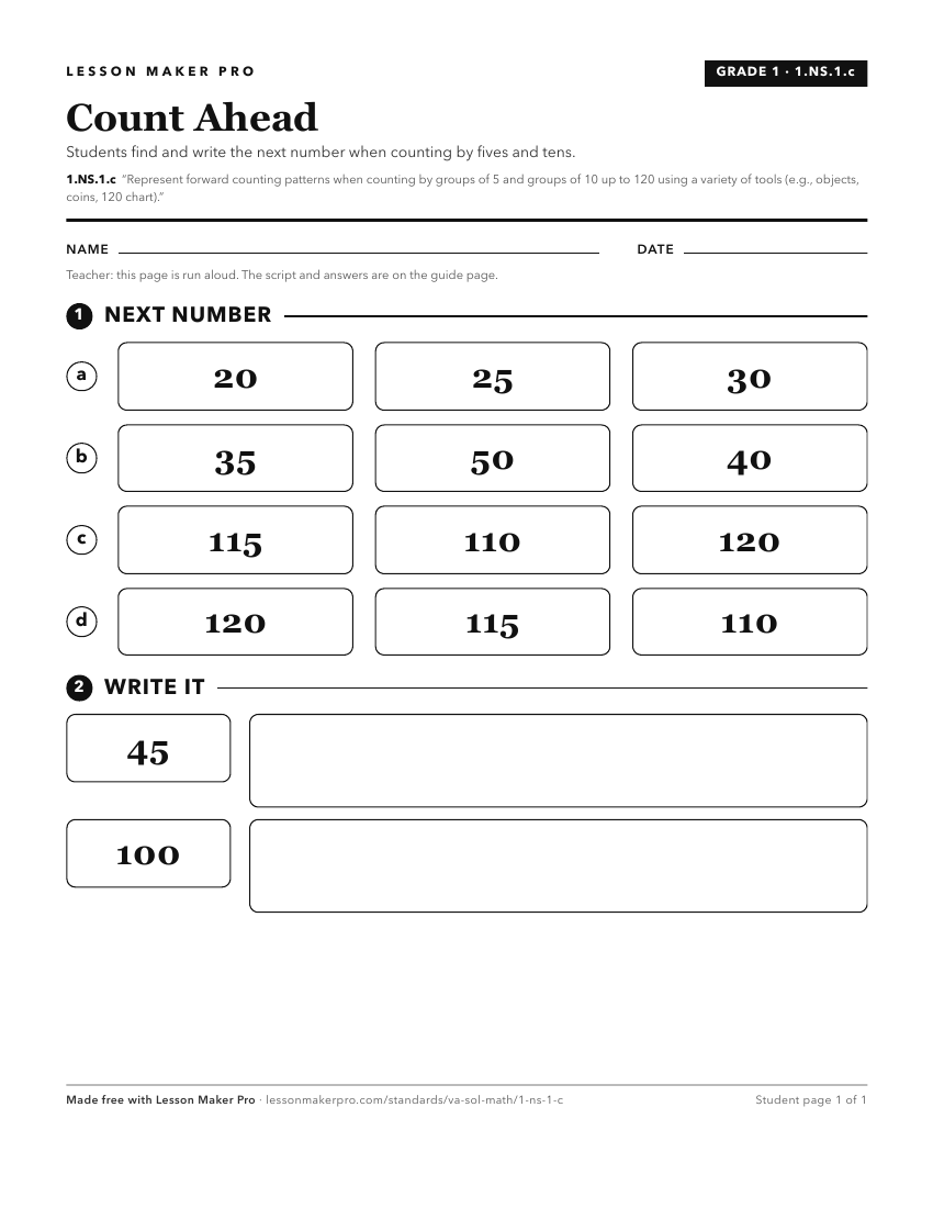 Preview of the 1.NS.1.c printable worksheet