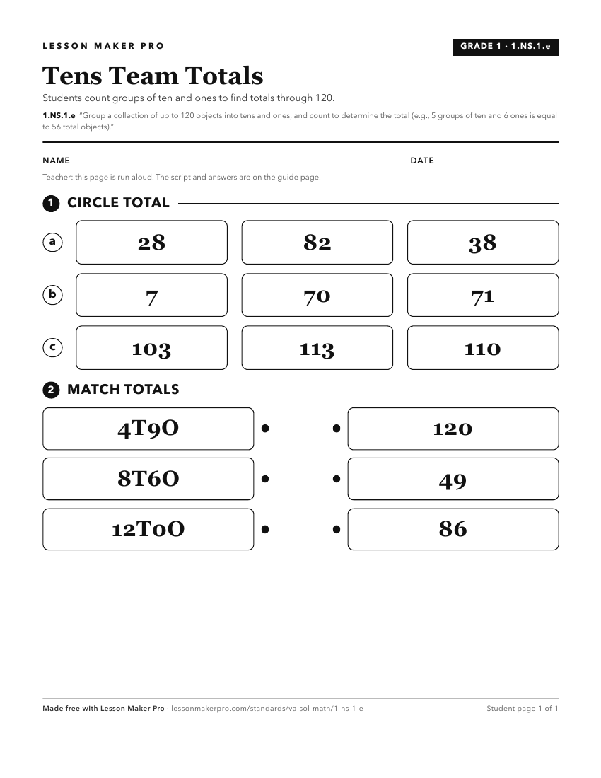 Preview of the 1.NS.1.e printable worksheet